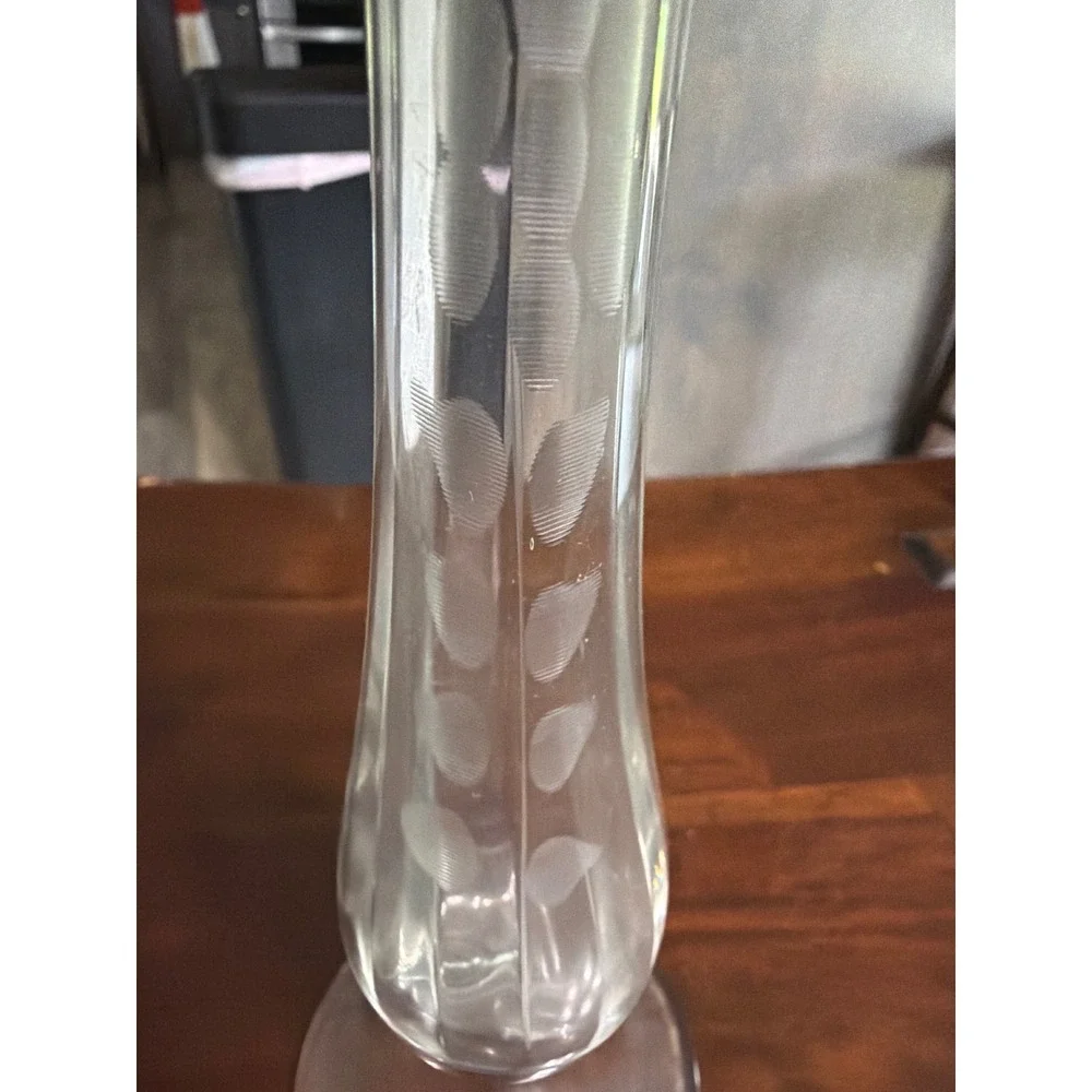 Vintage Etched Glass Bud Vase Clear Floral Leaf Pattern Scalloped Rim 8 Inch